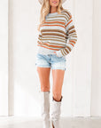 Stripe Eyelet Knit Drop Shoulder Sweater