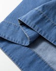 Denim Pleated Half Buttoned Short Sleeve Top