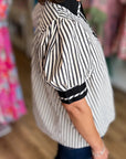 Stripe Collared V-Neck Bubble Sleeve Blouse