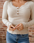 Solid Ribbed Lace Neckline Long Sleeve Top