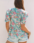 Floral Notched Neck Puff Short Sleeve Blouse