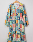 Floral Patchwork Long Sleeve Ruffle Hem Midi Dress