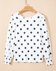 Polka Dot Frilled Long Sleeve Round Neck Blouse