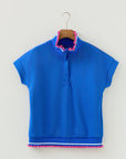 Contrast Frilled Trim Buttoned Collar Short Sleeve Top