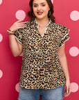 Plus Size Leopard Embroidered Ruffle Short Sleeve Blouse