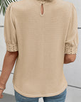 Eyelet Embroidered Patchwork Textured Ruffle Neck Blouse