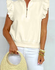 Solid Zip-Up Collared Ruffle Short Sleeve Blouse