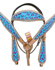 HILASON Western Horse Leather Headstall and Breast Collar Set Turquoise Cheetah| Headstall Bridle for Horses Western | Horse Headstall Bridle | Western Headstalls Bridle for Horses