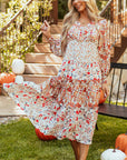 Floral V-Neck Ruffle Long Sleeve Midi Dress