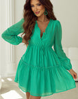 Solid Frilly V-Neck Puff Sleeve Mini Dress