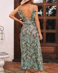 Floral V-Neck Ruffle Trim Backless Tassel Waist Dress