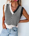 Chevron Contrast V-Neck Sleeveless Sweater Top