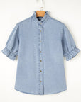 Chambray Ruffle Short Puff Sleeve Buttoned Shirt