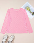 Pink Plus Size Bow Embroidered Mesh Long Sleeve Top