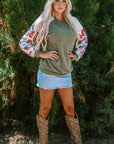 Floral Ribbed Patchwork Long Sleeve Blouse