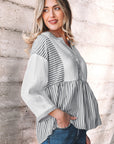 Stripe Gauze Patchwork Half Buttoned Babydoll Blouse