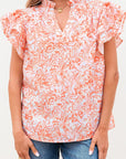 Nancy Floral Ruffle Sleeve Split Neck Blouse