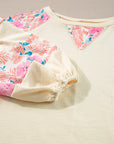 Floral Patchwork Balloon Sleeve Textured Blouse