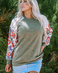 Floral Ribbed Patchwork Long Sleeve Blouse
