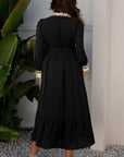 Leopard Frilled Trim V-Neck 3/4 Sleeve Midi Dress