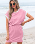 Textured Contrast Trim Crewneck Tee & Pocketed Skirt Set