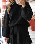 Solid High Neck Sweater and Pleated Mini Skirt Set