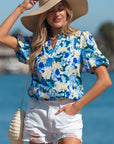 Floral Puff Sleeve V-Neck Short Blouse