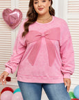 Plus Size Waffle Bowknot Patchwork Mineral Wash Sweatshirt