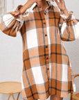 Plaid Collared Neck Ruffle Sleeve Shirt Dress