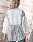 Stripe Gauze Patchwork Half Buttoned Babydoll Blouse