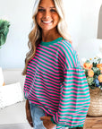 Stripe Lace Trim 3/4 Sleeve Top