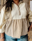 Plus Size Stripe Colorblock Patchwork Half-Button Blouse