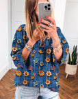 Floral Patchwork Long Sleeve Collared V-Neck Blouse