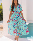 Abstract Short Puff Sleeve Tiered Maxi Dress