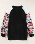 Floral Ribbed Patchwork Long Sleeve Blouse