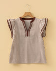 Stripe Double Ruffle Short Sleeve V-Neck Blouse