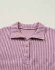 Solid Textured Knit Snap Button Collar Top