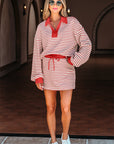 Stripe Collared V-Neck Pullover and Skort Set