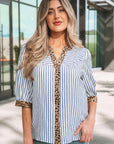 Stripe Leopard Trim V-Neck Buttoned Short Sleeve Shirt