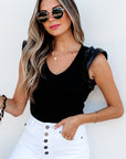 Solid Ribbed Leatherette Ruffle Sleeve Bodysuit