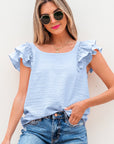 Textured Bow Back Frilled Butterfly Sleeve Blouse