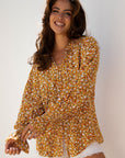 Boho Floral Ruffle Bubble Sleeve V-Neck Blouse