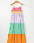 Colorblock Self-Tie Straps Pocketed Flowy Maxi Dress
