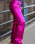 Fuchsia Metallic Trousers With Modern Silhouette For Everyday Wardrobe Essentials Edition