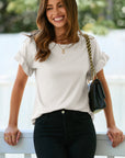 Solid Ribbed Knit Ruffle Short Sleeve T-Shirt