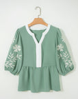 Floral Embroidered V-Neck Puff Sleeve Babydoll Blouse