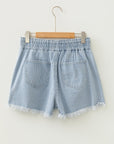Stripe Denim Raw Edge Drawstring Waist Shorts
