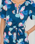Floral Short Puff Sleeve Ruffle Belted Midi Dress