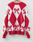 Bow Colorblock Rhombus Drop Shoulder Sweater