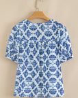 Geometric Tassel Tie V-Neck Short Sleeve Blouse